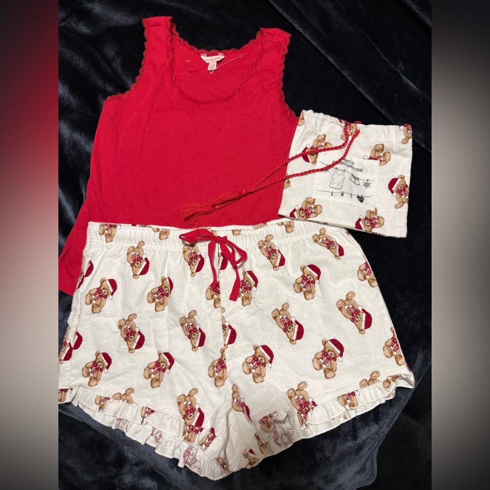 Red and White Women’s Pajama Set with Teddy Bear Print